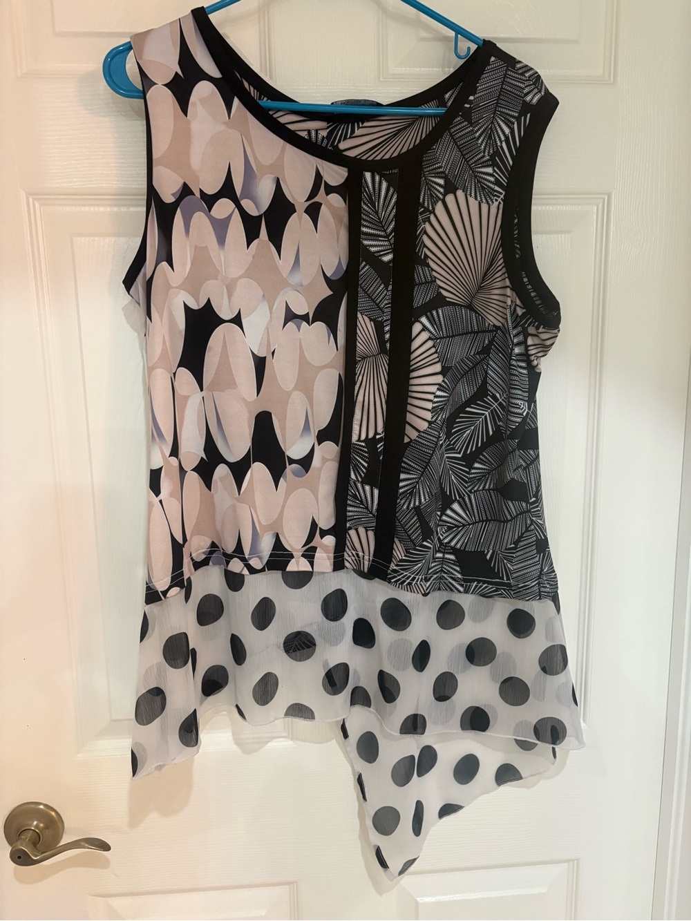Tango Mango Size L Mixed Print Tunic Top Sheer Polka Dot Asymmetrical Hem